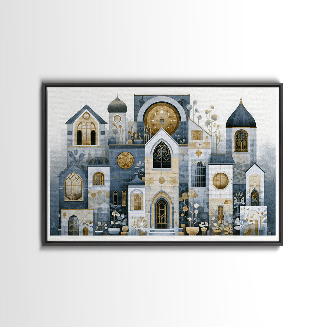 Naive Cityscape with Patterned Windows Framed Canvas Print, Eclectic Art, Art Prints, Living Room Decor, Oil Painting, Eclectic, ECL-3x2-40