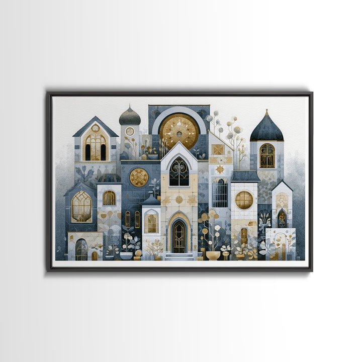 Naive Cityscape with Patterned Windows Framed Canvas Print, Eclectic Art, Art Prints, Living Room Decor, Oil Painting, Eclectic, ECL-3x2-40