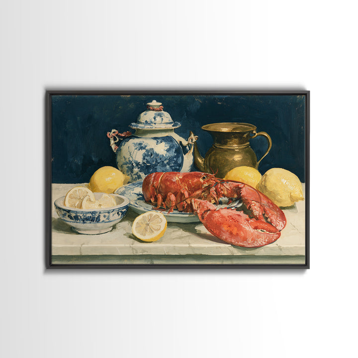 Unexpected Lobster and Lemons Still Life Framed Canvas Print, Eclectic Art, Neutral Decor, Living Room Decor, Eclectic, ECL-3x2-46