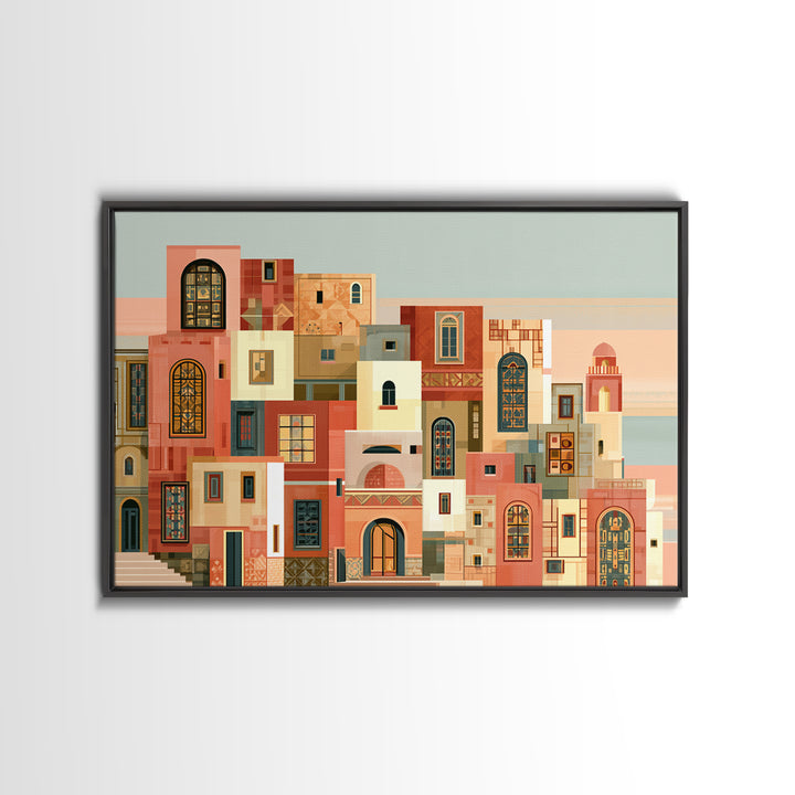 Naive Cityscape with Patterned Windows Framed Canvas Print, Eclectic Art, Original Art, Living Room Decor, Abstract Art, ECL-3x2-64