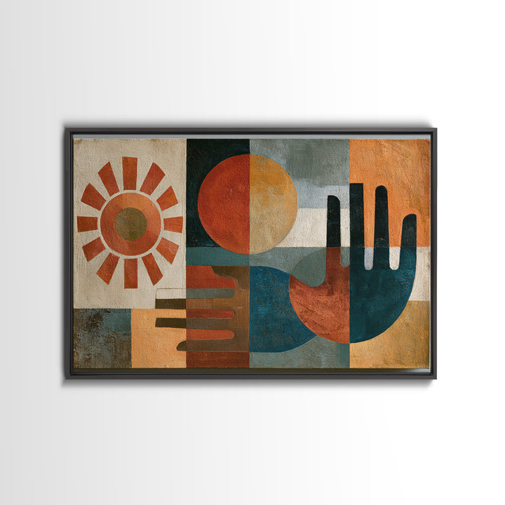 Geometric Sun and Hand Motif Framed Canvas Print, Eclectic Art, Minimalist Decor, Living Room Decor, Abstract Art, Eclectic, ECL-3x2-91