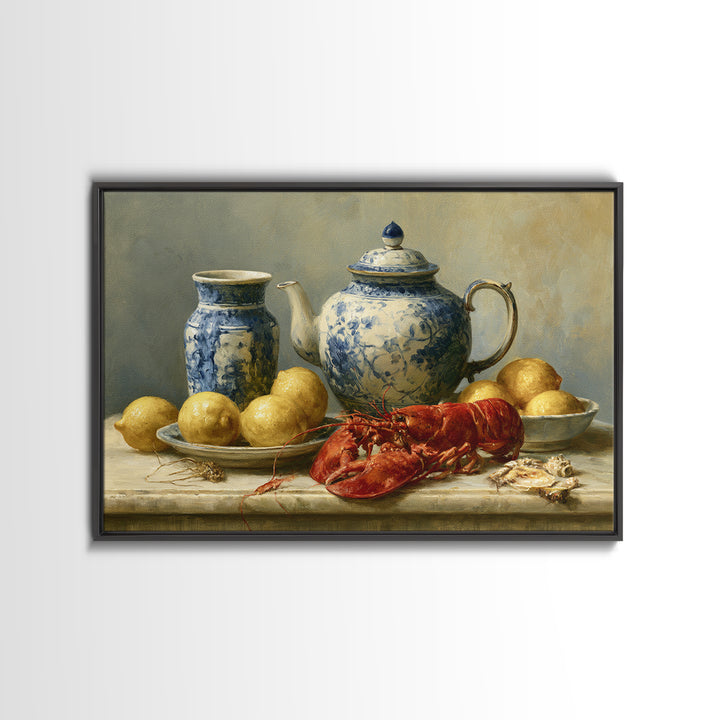 Unexpected Lobster and Lemons Still Life Canvas Print, Eclectic Art, Living Room Decor, Abstract Art, Eclectic, ECL-3x2-94