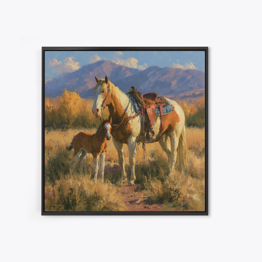 Horse and Foal Framed Canvas Print, Equestrian Art, Wall Decor, Living Room Decor, Oil Painting, Equestrian, Unique Wall Art, EQU-1x1-12