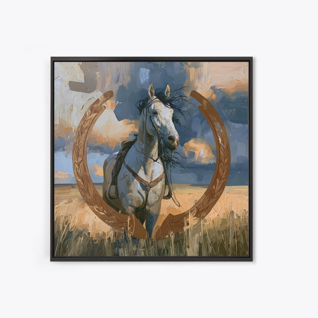 Equestrian Crest with Laurel and Horseshoe Canvas Print, Equestrian Art, Western Decor, Living Room Decor, Oil Painting, EQU-1x1-22