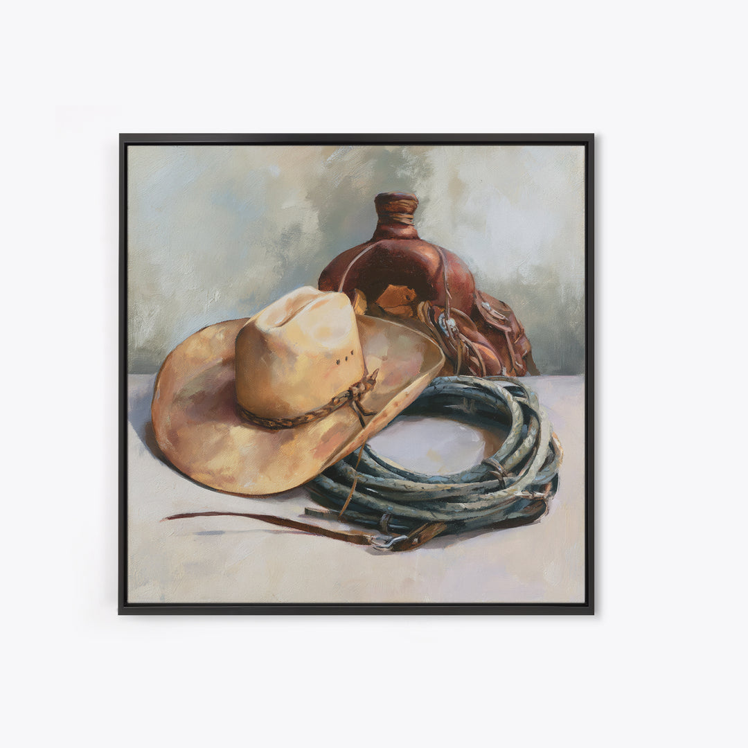 Cowgirl Hat and Reins Still Life Canvas Print, Equestrian Art, Western Decor, Living Room Decor, Fine Art, Equestrian, EQU-1x1-35