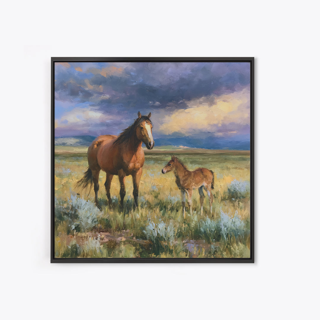 Horse and Foal Canvas Print, Equestrian Art, Digital Print, Living Room Decor, Equestrian, Moody Wall Art, Green Wall Art, EQU-1x1-36