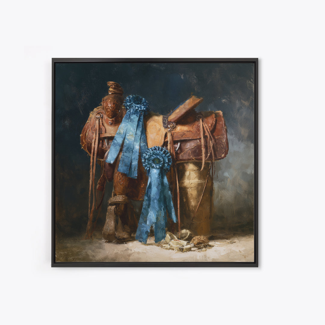 Blue Ribbon and Saddle Competition Still Life Canvas Print, Equestrian Art, Gallery Decor, Living Room Decor, Equestrian, EQU-1x1-41