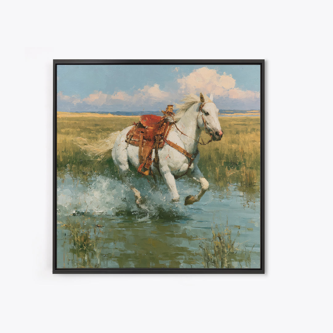 White Horse Running Through Shallow Water Canvas Print, Equestrian Art, Retro Poster, Living Room Decor, Fine Art, Equestrian, EQU-1x1-5