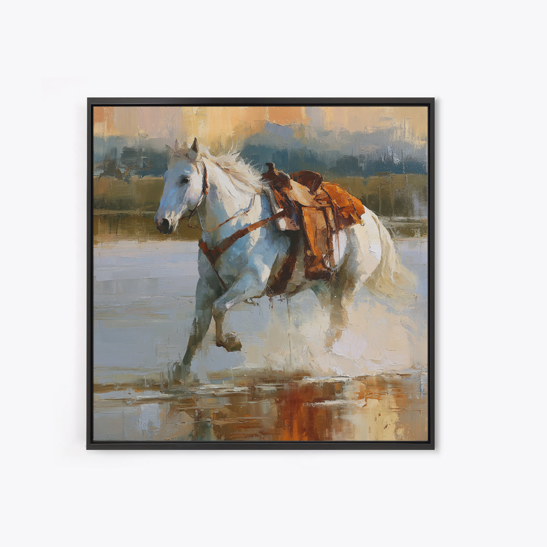 White Horse Running Through Shallow Water Framed Canvas Print, Equestrian Art, Fine Art Print, Living Room Decor, Equestrian, EQU-1x1-53