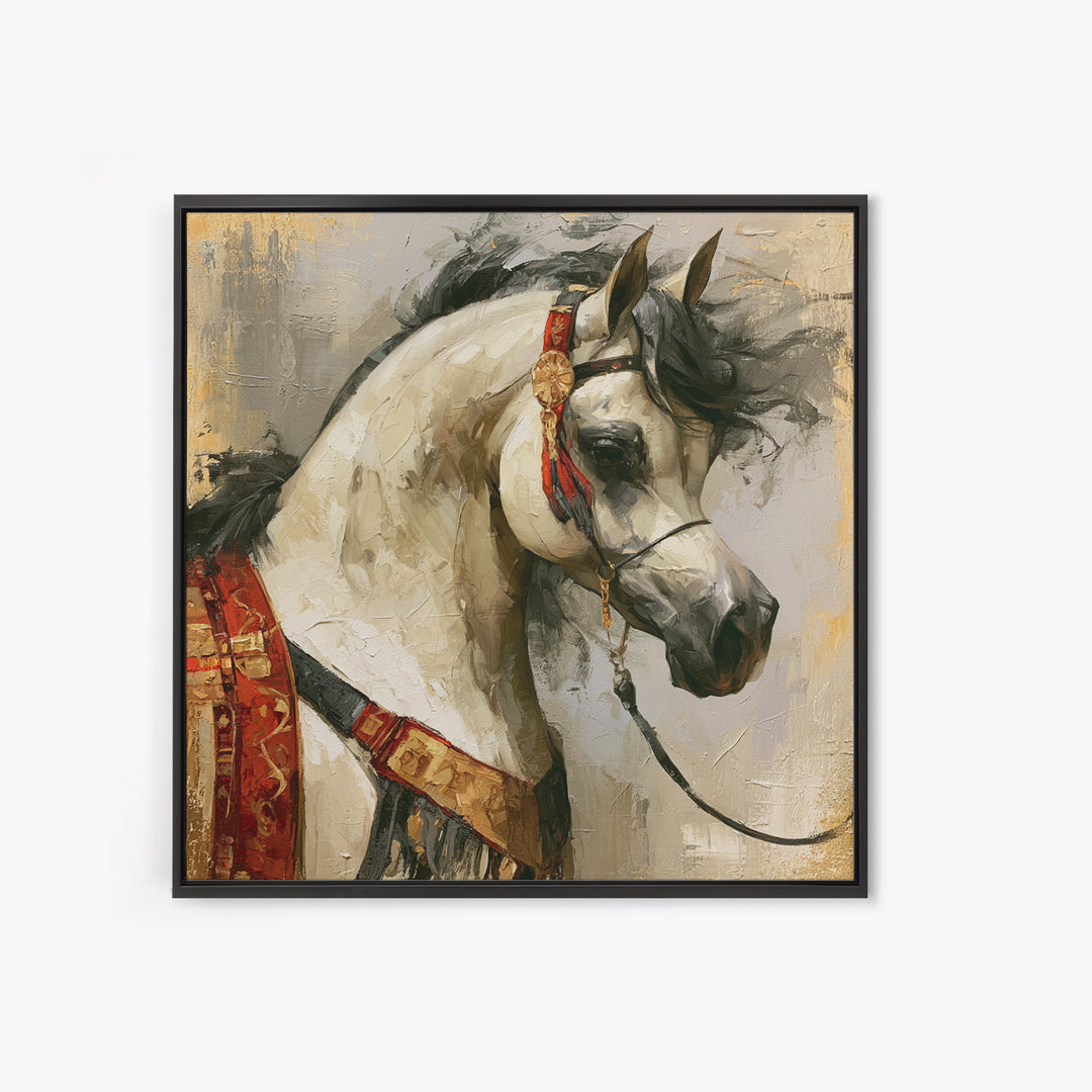 Arabian Horse with Ornate Tack and Silk Canvas Print, Equestrian Art, Antique Oil Painting, Living Room Decor, Equestrian, EQU-1x1-63