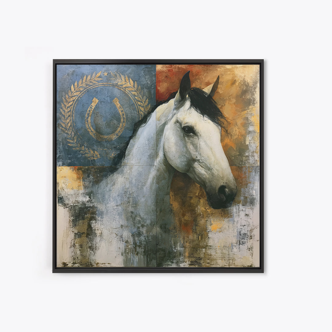Equestrian Crest with Laurel and Horseshoe Canvas Print, Equestrian Art, Western Wall Art, Living Room Decor, Equestrian, EQU-1x1-70