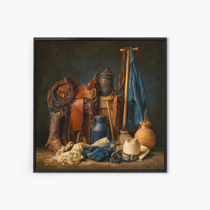 Stable Tools Arranged Like Old Master Still Framed Canvas Print, Equestrian Art, Gallery Wall, Living Room Decor, Equestrian, EQU-1x1-71