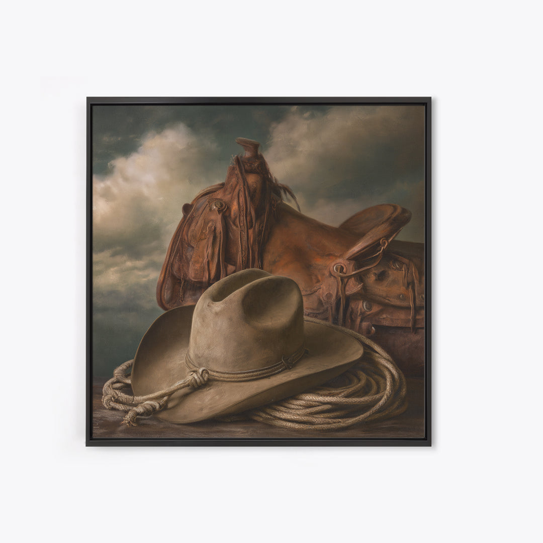 Cowgirl Hat and Reins Still Life Framed Canvas Print, Equestrian Art, Statement Artwork, Living Room Decor, Equestrian, EQU-1x1-83