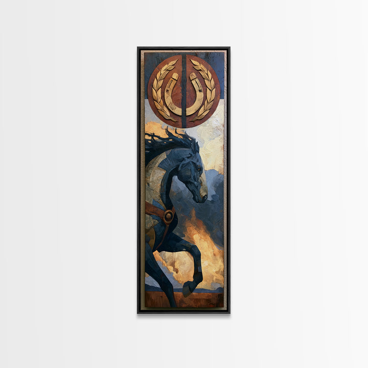 Equestrian Crest with Laurel and Horseshoe Canvas Print, Equestrian Art, Abstract Painting, Living Room Decor, Equestrian, EQU-1x3-10