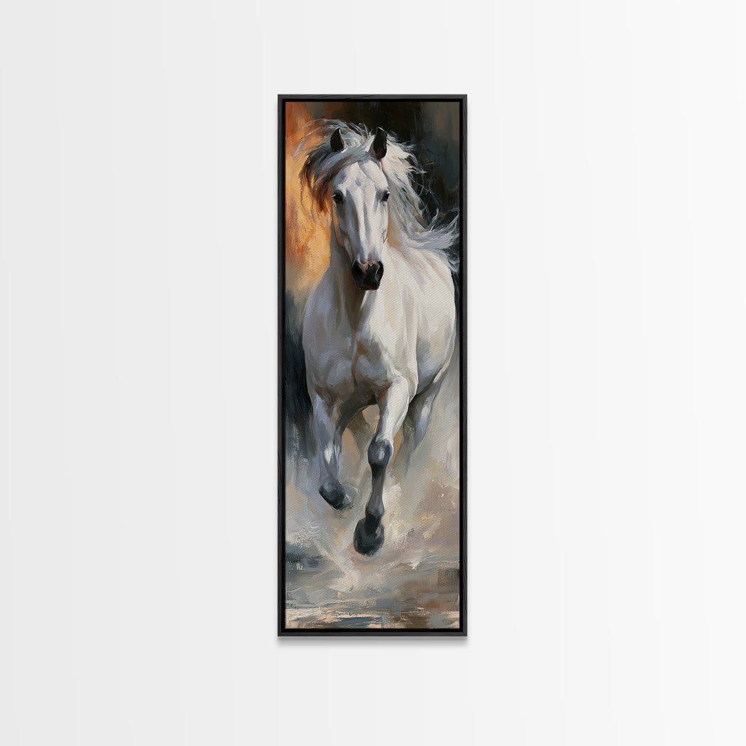 White Horse Running Through Shallow Water Canvas Print, Equestrian Art, Room Decor, Living Room Decor, Fine Art, Equestrian, EQU-1x3-17