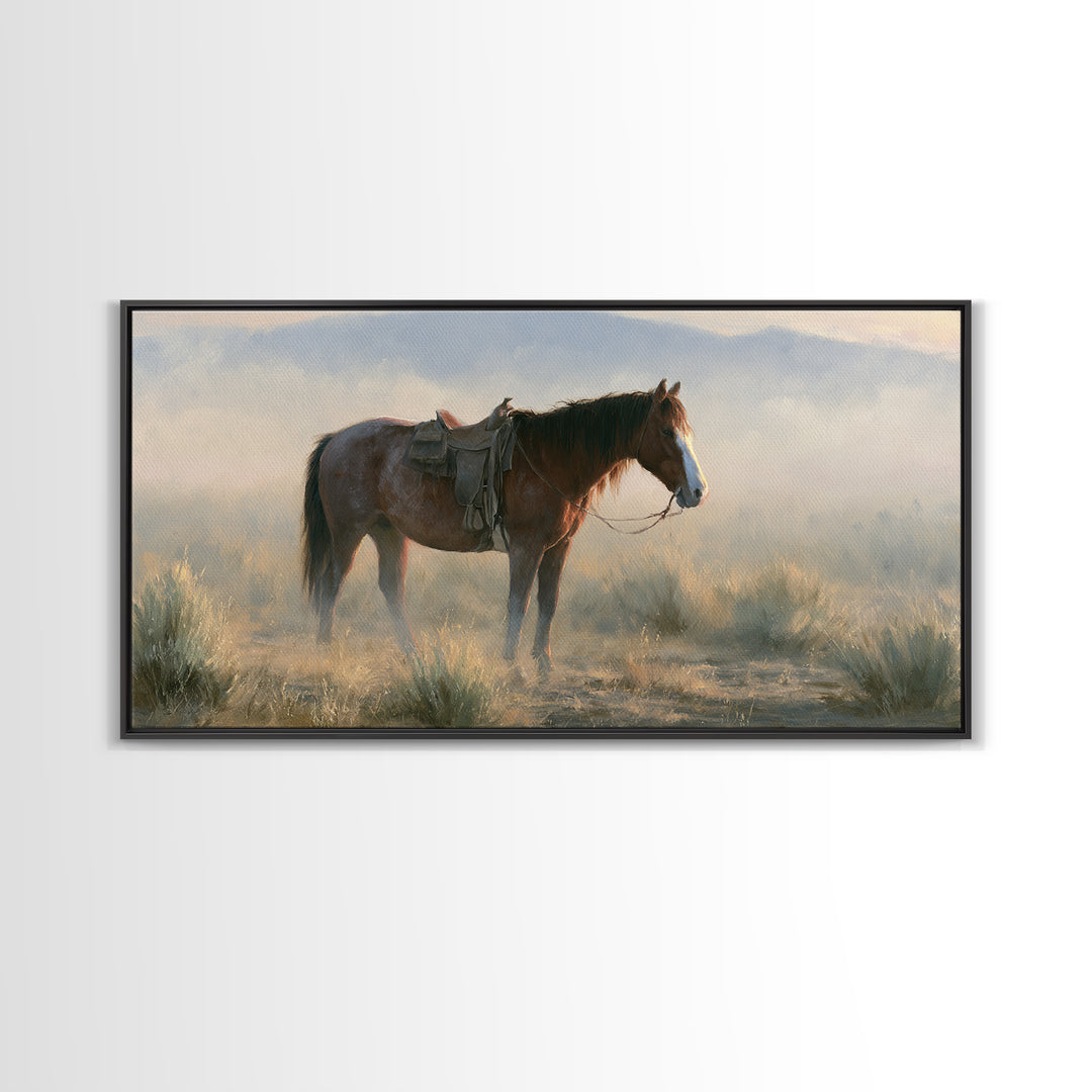 Horse in Misty Pasture with Peaceful Mood Canvas Print, Equestrian Art, Statement Artwork, Living Room Decor, Equestrian, EQU-2x1-20