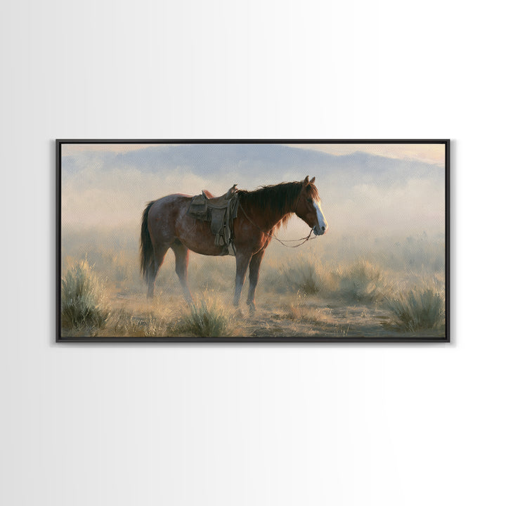Horse in Misty Pasture with Peaceful Mood Canvas Print, Equestrian Art, Statement Artwork, Living Room Decor, Equestrian, EQU-2x1-20