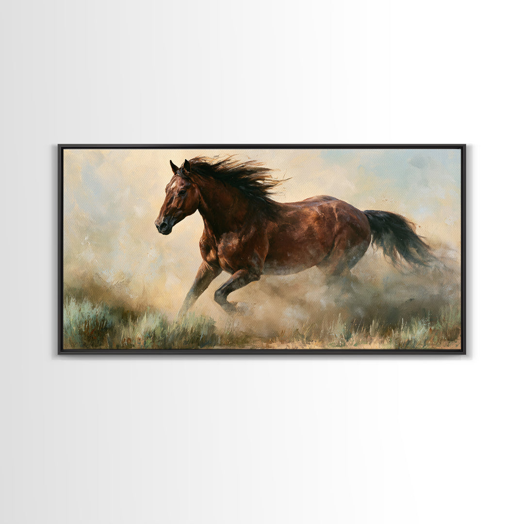 Galloping Horse in Golden Dust and Sunlight Canvas Print, Equestrian Art, Wall Art, Living Room Decor, Oil Painting, Equestrian, EQU-2x1-21