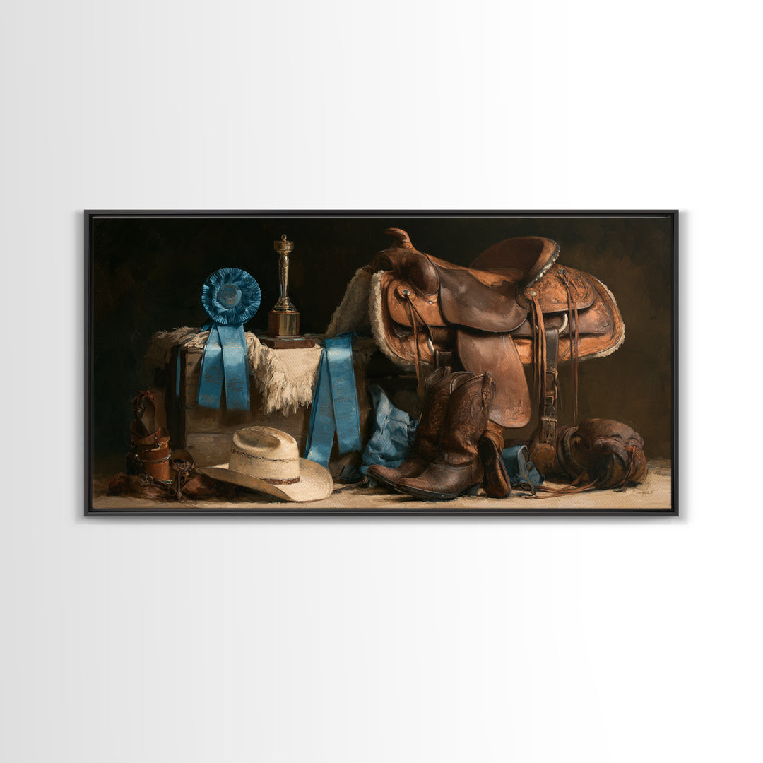 Blue Ribbon and Saddle Competition Still Life Canvas Print, Equestrian Art, Minimalist Decor, Living Room Decor, Equestrian, EQU-2x1-37