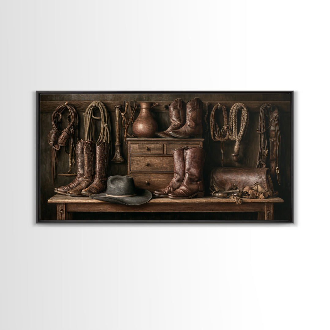 Stable Tools Arranged Like Old Master Still Framed Canvas Print, Equestrian Art, Retro Poster, Living Room Decor, Equestrian, EQU-2x1-67