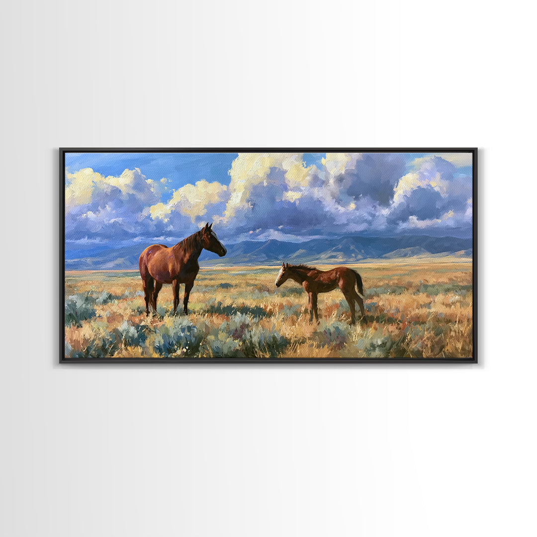 Horse and Foal Framed Canvas Print, Equestrian Art, Modern Wall Art, Living Room Decor, Oil Painting, Equestrian, Western Art, EQU-2x1-80