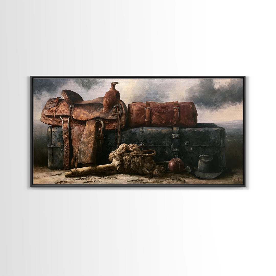 Stable Tools Arranged Like Old Master Still Framed Canvas Print, Equestrian Art, Large Wall Art, Living Room Decor, Equestrian, EQU-2x1-91