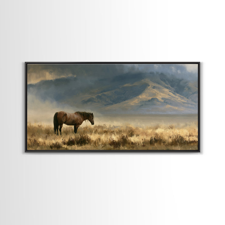 Horse in Misty Pasture with Peaceful Mood Canvas Print, Equestrian Art, Boho Wall Art, Living Room Decor, Equestrian, EQU-2x1-92