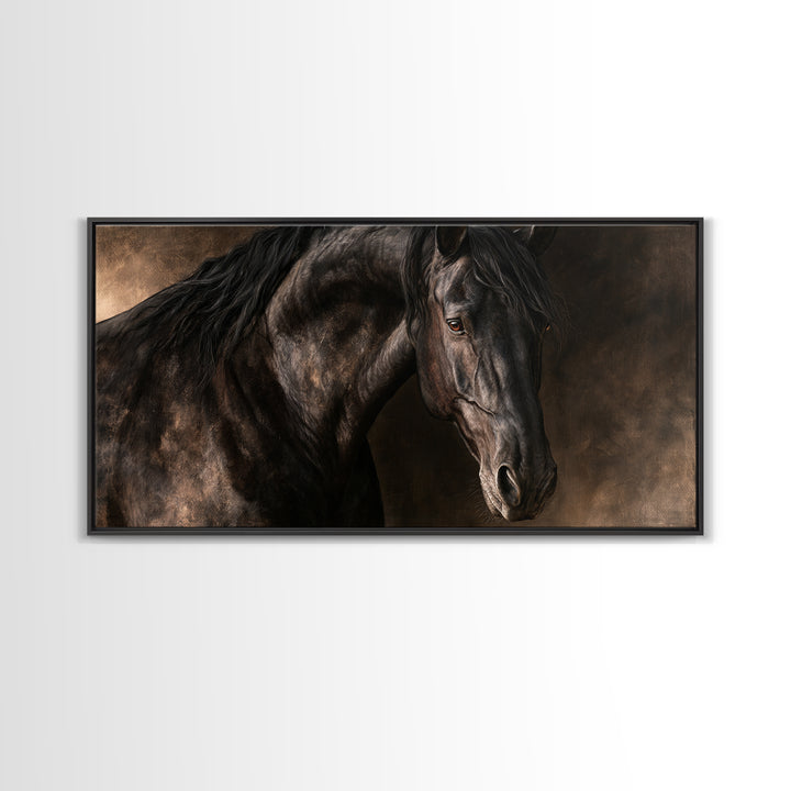 Black Horse Portrait on Deep Charcoal Background Canvas Print, Equestrian Art, Wall Decor, Living Room Decor, Equestrian, EQU-2x1-94