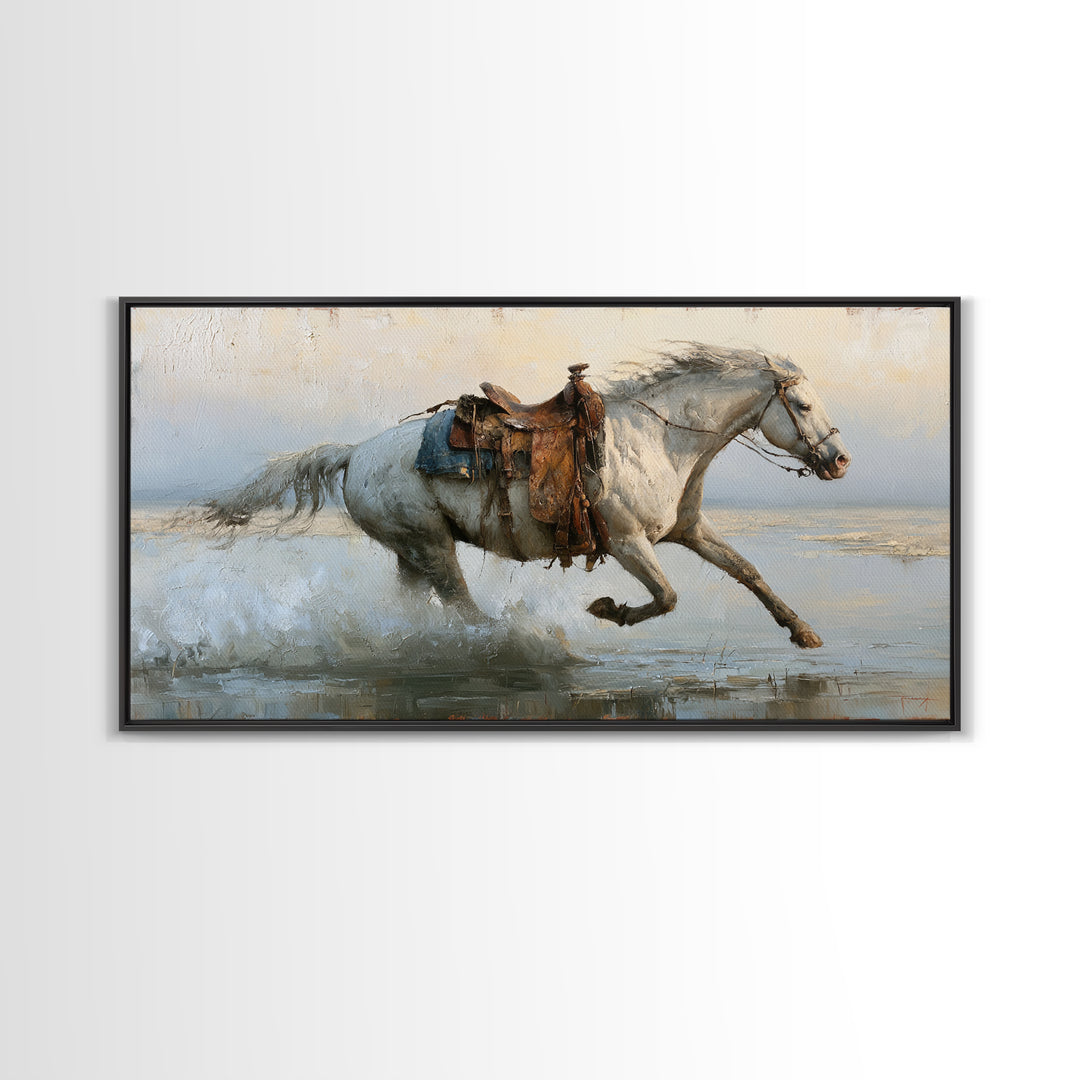 White Horse Running Through Shallow Water Framed Canvas Print, Equestrian Art, Living Room Decor, Fine Art, Equestrian, EQU-2x1-97
