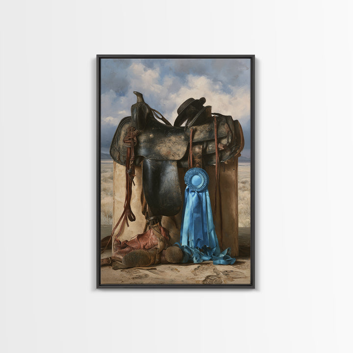 Blue Ribbon and Saddle Competition Still Life Framed Canvas Print, Equestrian Art, Wall Art, Living Room Decor, Equestrian, EQU-2x3-1