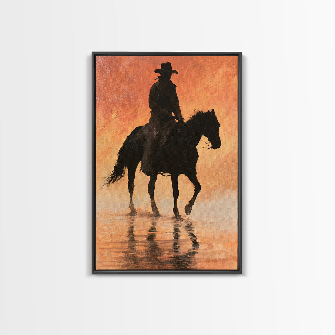 Equestrian Rider Silhouette at Sunrise Canvas Print, Equestrian Art, Antique Oil Painting, Living Room Decor, Abstract Art, EQU-2x3-11