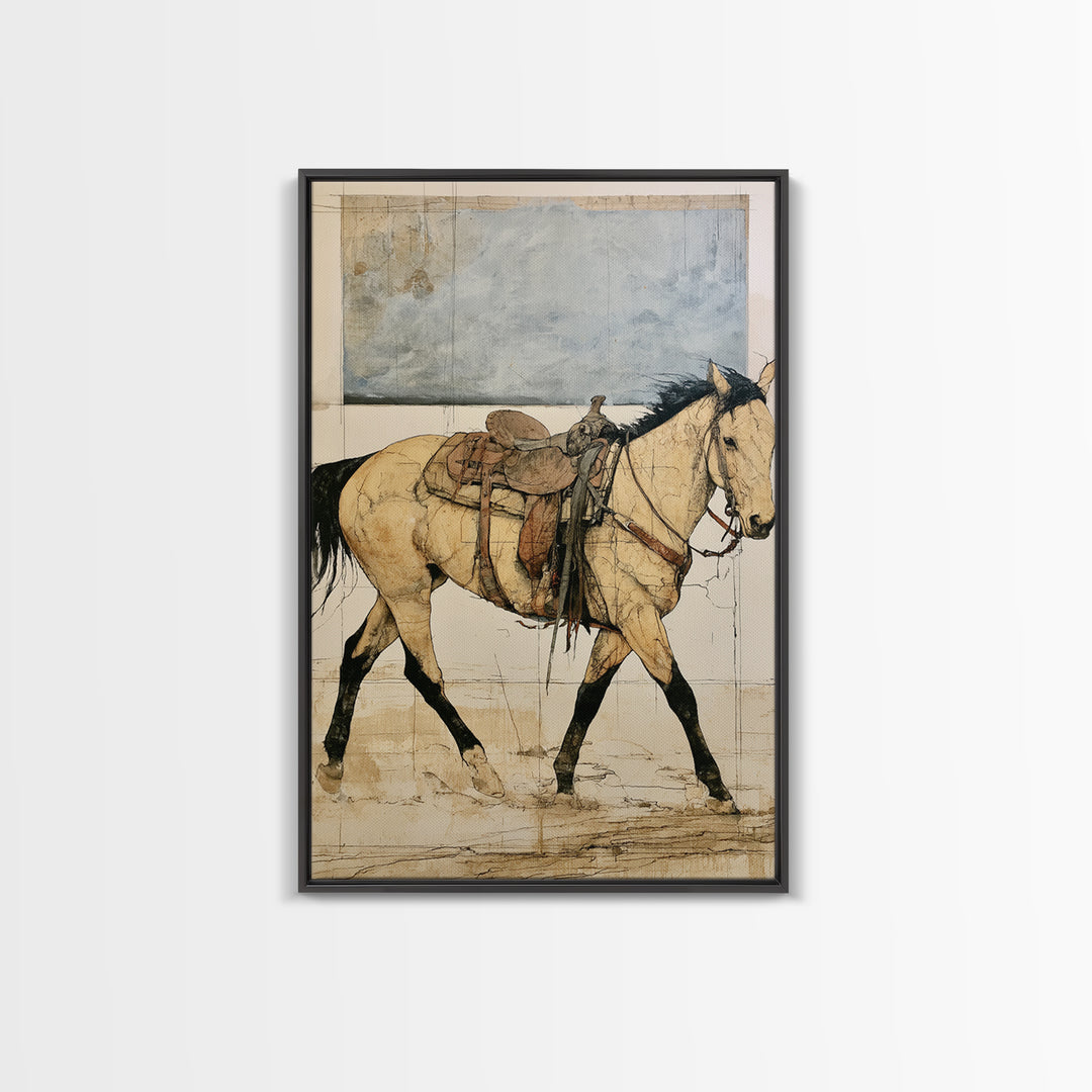 Minimal Horse Contour Drawing on Cream Paper Canvas Print, Equestrian Art, Oil Painting, Living Room Decor, Equestrian, EQU-2x3-45