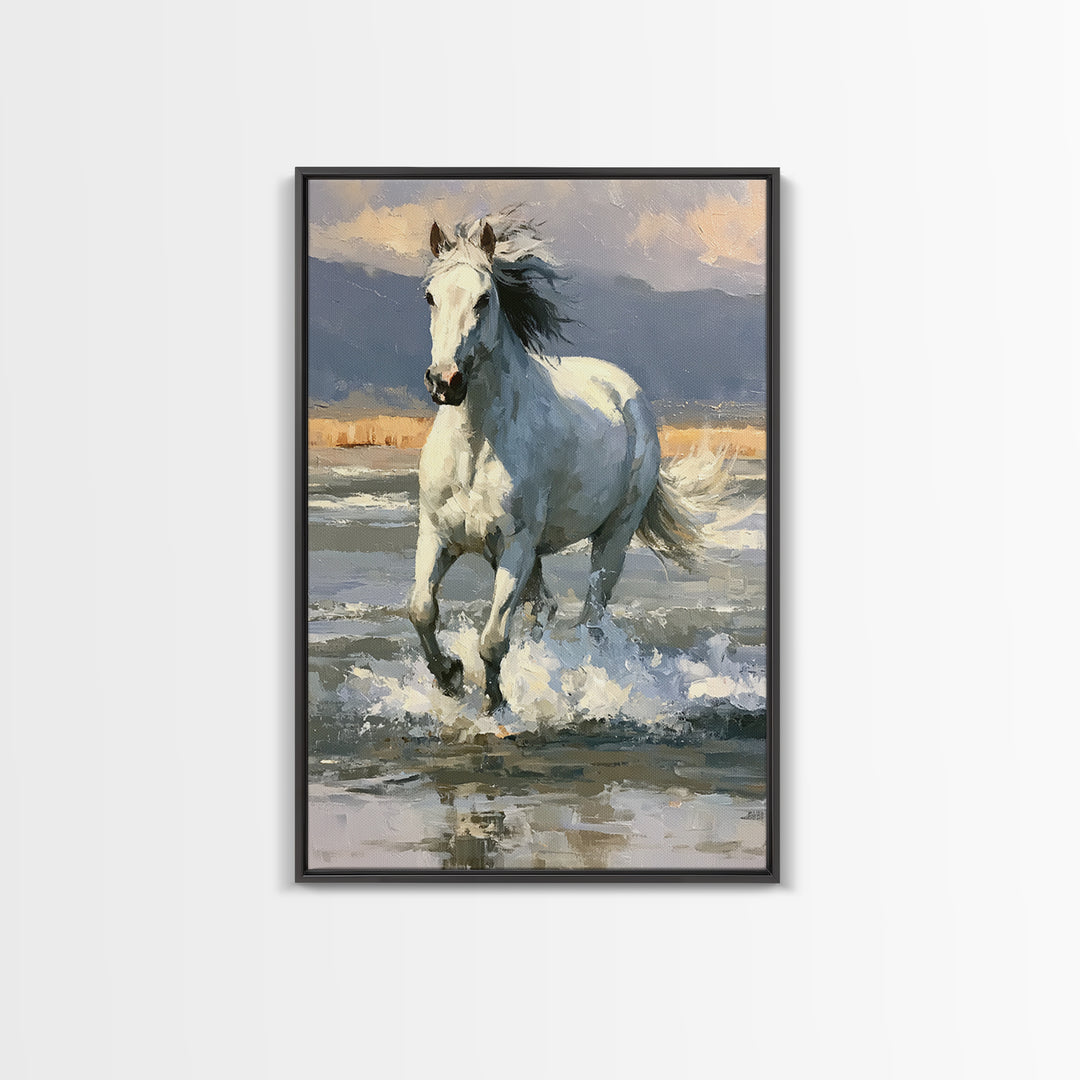 White Horse Running Through Shallow Water Canvas Print, Equestrian Art, Digital Print, Living Room Decor, Fine Art, Equestrian, EQU-2x3-61