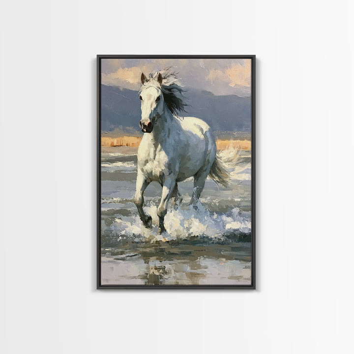 White Horse Running Through Shallow Water Canvas Print, Equestrian Art, Digital Print, Living Room Decor, Fine Art, Equestrian, EQU-2x3-61