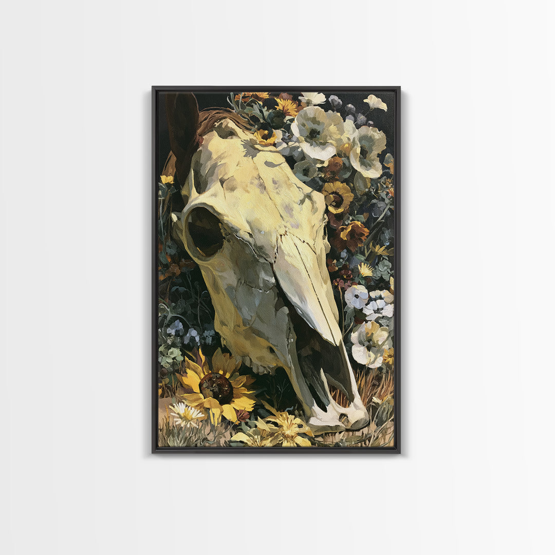 Horse Skull with Desert Flowers in Western Canvas Print, Equestrian Art, Living Room Decor, Equestrian, Farmhouse Wall Art, EQU-2x3-77