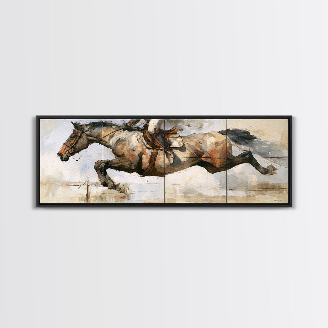 Show Jumping Horse Mid Leap Framed Canvas Print, Equestrian Art, Boho Decor, Living Room Decor, Fine Art, Equestrian, EQU-3x1-23