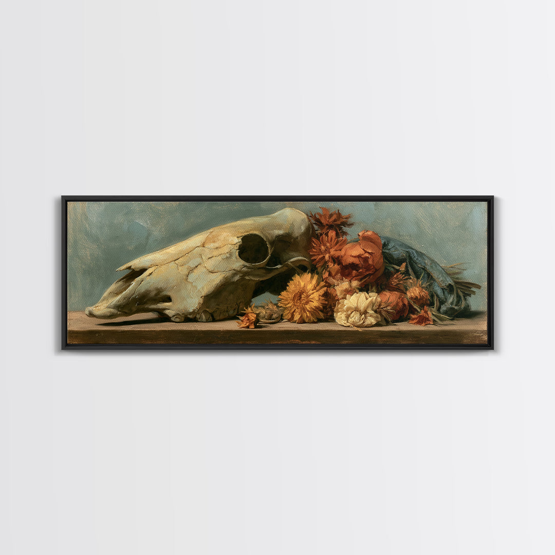 Horse Skull with Desert Flowers in Western Canvas Print, Equestrian Art, Modern Wall Art, Living Room Decor, Equestrian, EQU-3x1-37