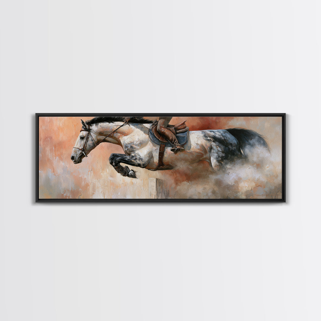 Show Jumping Horse Mid Leap Framed Canvas Print, Equestrian Art, Wall Decor, Living Room Decor, Oil Painting, Equestrian, EQU-3x1-47