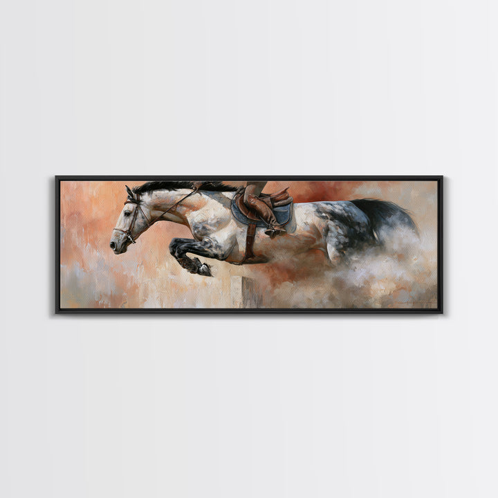 Show Jumping Horse Mid Leap Framed Canvas Print, Equestrian Art, Wall Decor, Living Room Decor, Oil Painting, Equestrian, EQU-3x1-47