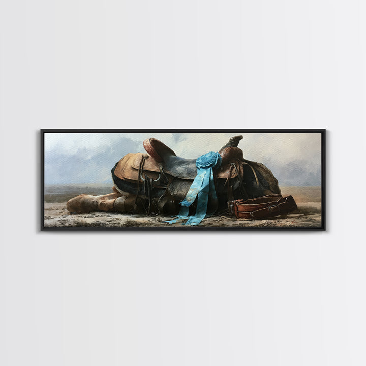 Blue Ribbon and Saddle Competition Still Life Canvas Print, Equestrian Art, Moody Wall Art, Living Room Decor, Equestrian, EQU-3x1-57