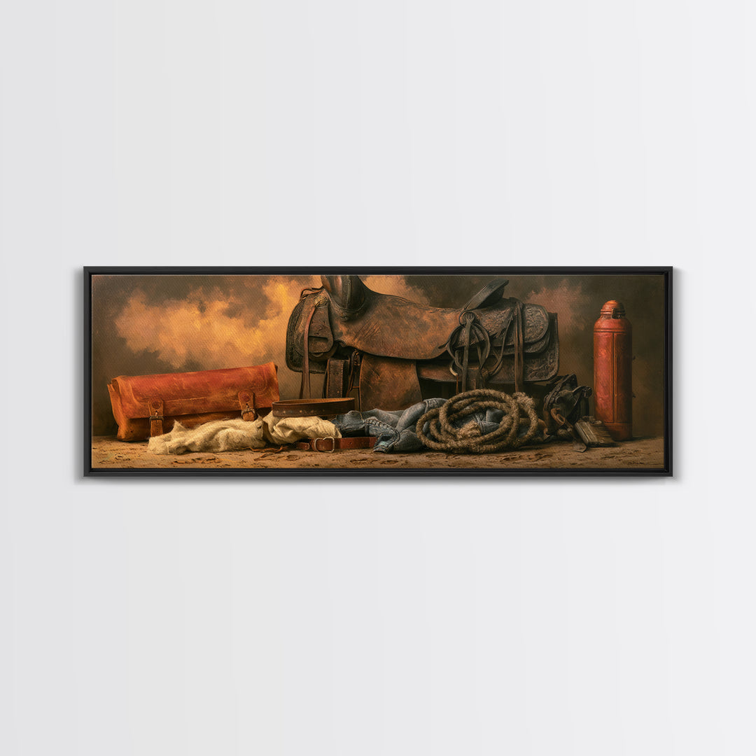 Stable Tools Arranged Like Old Master Still Framed Canvas Print, Equestrian Art, Large Wall Art, Living Room Decor, Equestrian, EQU-3x1-87
