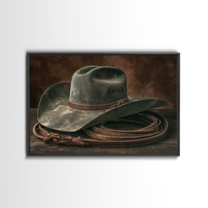 Cowgirl Hat and Reins Still Life Framed Canvas Print, Equestrian Art, Digital Print, Living Room Decor, Fine Art, Equestrian, EQU-3x2-15