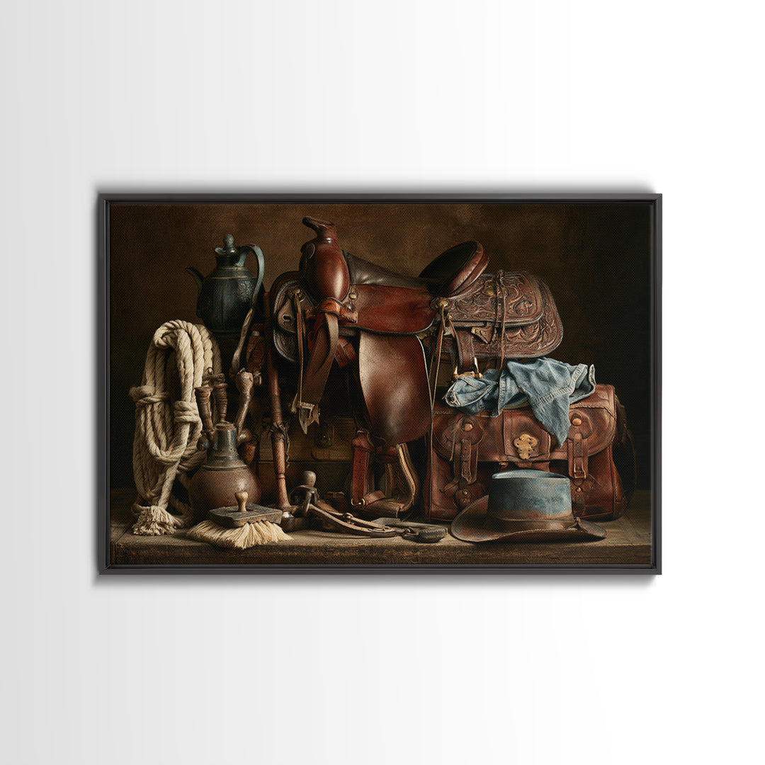 Stable Tools Arranged Like Old Master Still Canvas Print, Equestrian Art, Boho Wall Art, Living Room Decor, Equestrian, EQU-3x2-3
