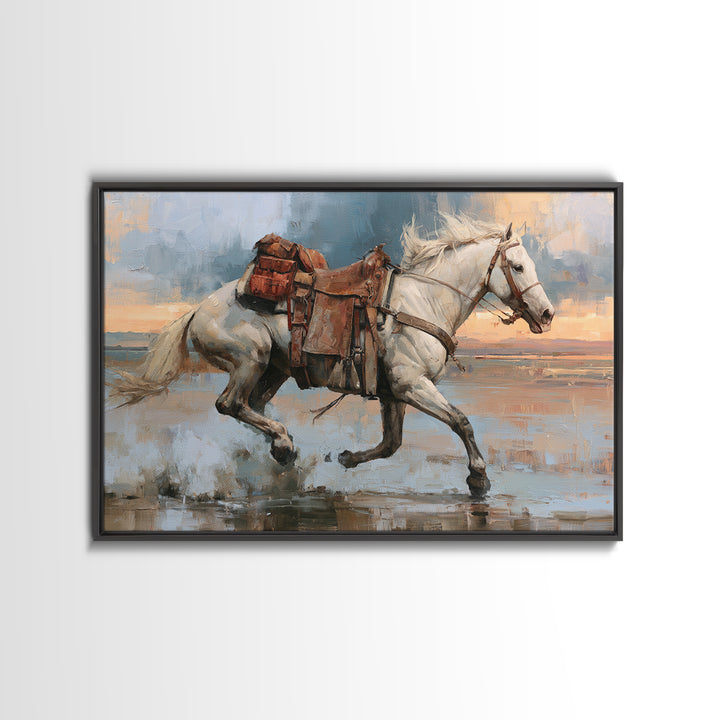 White Horse Running Through Shallow Water Canvas Print, Equestrian Art, Cabin Decor, Living Room Decor, Fine Art, Equestrian, EQU-3x2-33