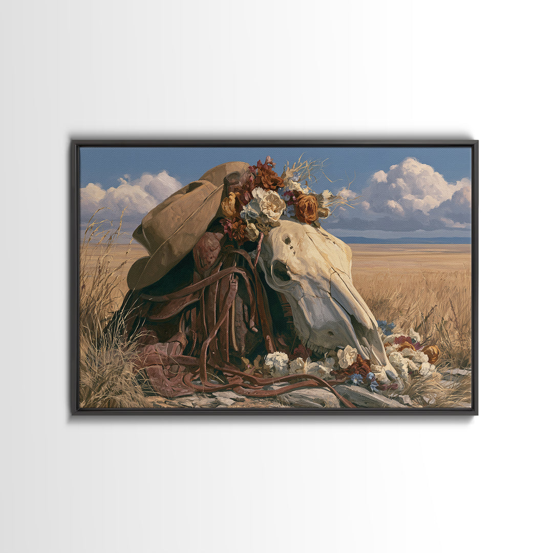 Horse Skull with Desert Flowers in Western Canvas Print, Equestrian Art, French Country Decor, Living Room Decor, Equestrian, EQU-3x2-49