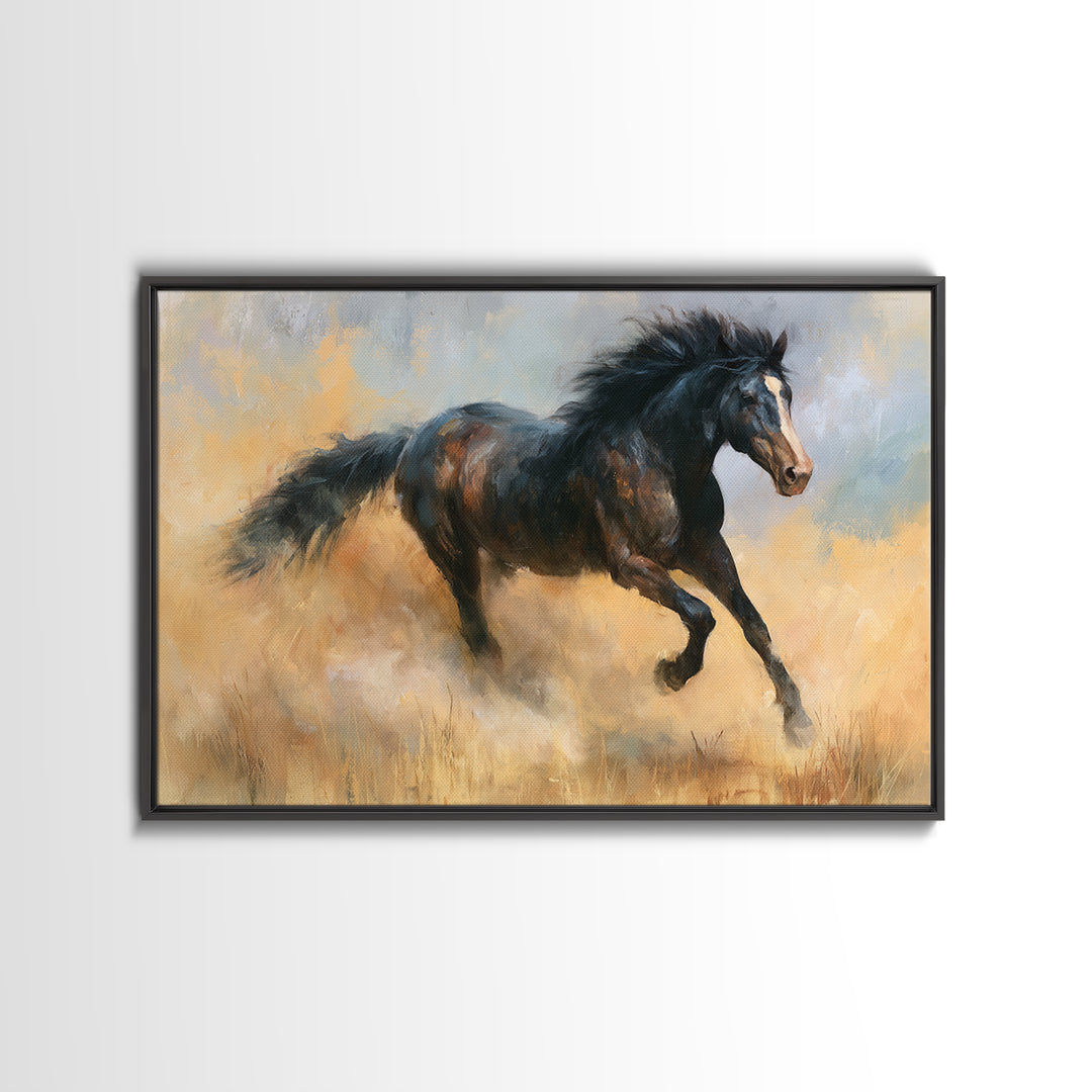 Galloping Horse in Golden Dust and Sunlight Canvas Print, Equestrian Art, Abstract Painting, Living Room Decor, Equestrian, EQU-3x2-5