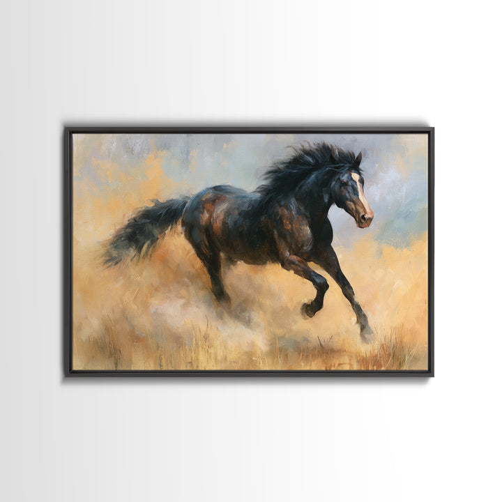 Galloping Horse in Golden Dust and Sunlight Canvas Print, Equestrian Art, Abstract Painting, Living Room Decor, Equestrian, EQU-3x2-5