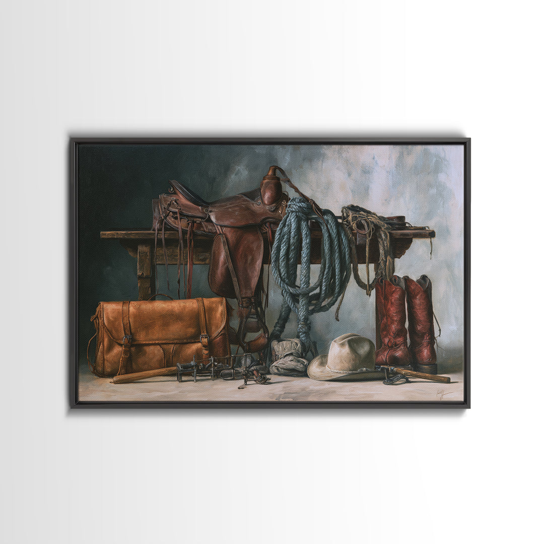 Stable Tools Arranged Like Old Master Still Canvas Print, Equestrian Art, Farmhouse Wall Art, Living Room Decor, Equestrian, EQU-3x2-51