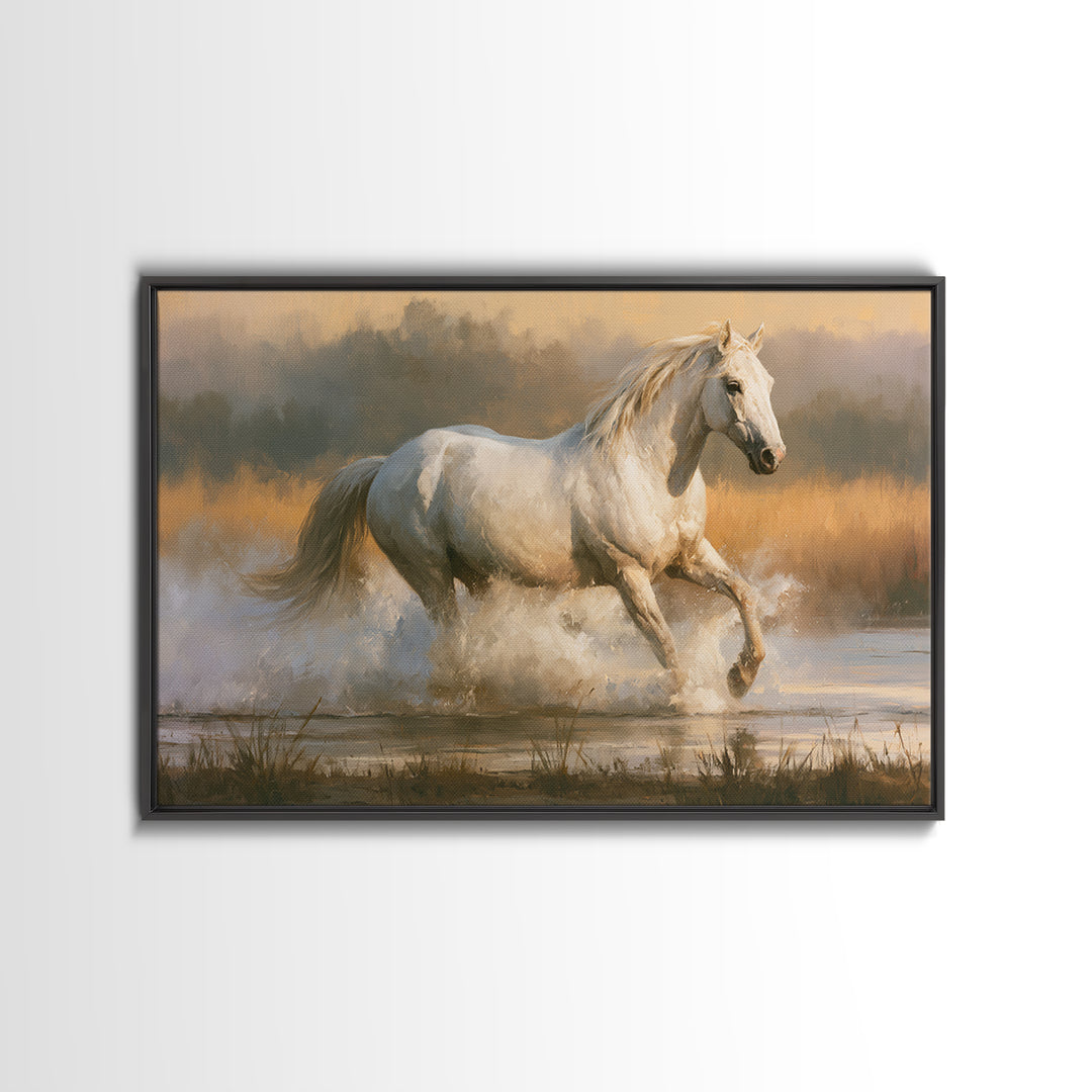 White Horse Running Through Shallow Water Canvas Print, Equestrian Art, Cabin Decor, Living Room Decor, Fine Art, Equestrian, EQU-3x2-57