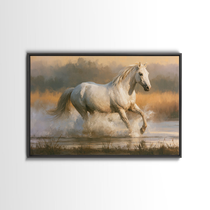 White Horse Running Through Shallow Water Canvas Print, Equestrian Art, Cabin Decor, Living Room Decor, Fine Art, Equestrian, EQU-3x2-57